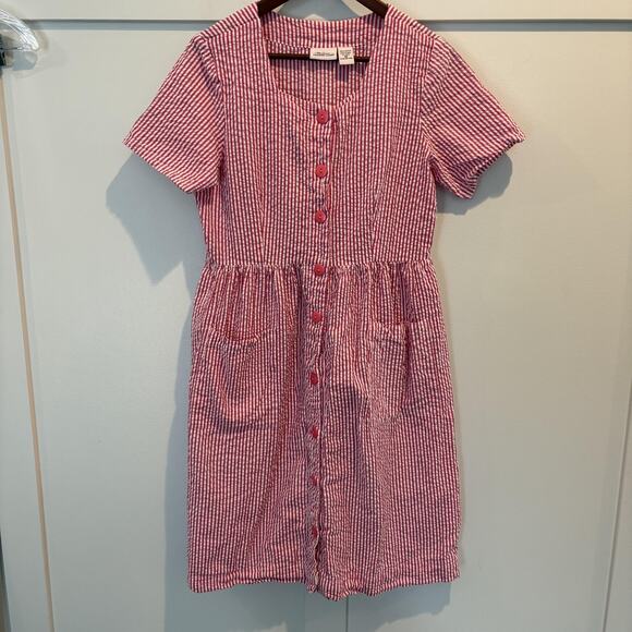 The Vermont Country Store Dress Womens Medium Pink White Seersucker Button Front - Picture 1 of 11